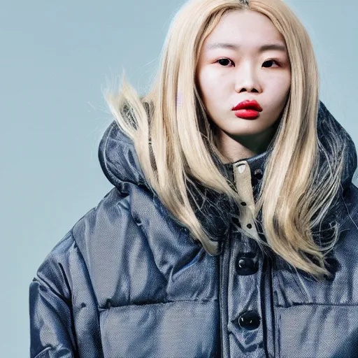 Image similar to realistic photoshooting for a new balenciaga lookbook, color film photography, portrait of a blonde asian woman, model wearing a puffer jacket, photo in style of tyler mitchell, 3 5 mm,