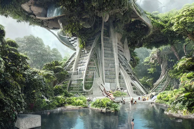 Image similar to brutalist futuristic white Aztec structures, manicured garden of eden, pools and streams, tropical foliage, birds, sculpture gardens by Jessica Rossier and Brian Froud