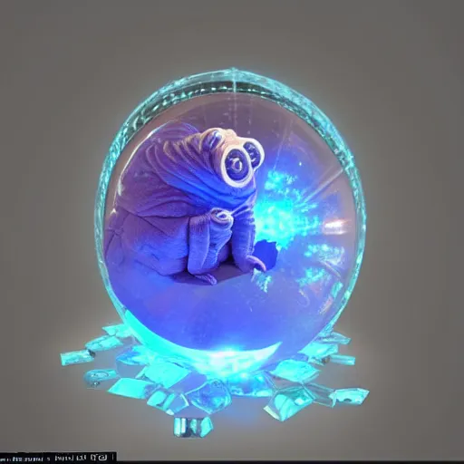 Image similar to a very cute looking tardigrade with a big crystal ball, a hologram by pascal blanche, featured on zbrush central, crystal cubism, made of crystals, rendered in maya, rendered in unreal engine