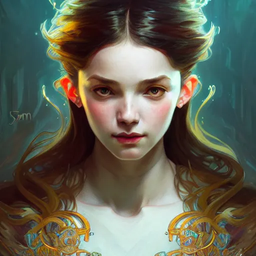 Image similar to Portrait of a girl surrounded by floating daggers, face, fantasy, intricate, elegant, highly detailed, digital painting, artstation, concept art, smooth, sharp focus, illustration, art by Sam Youn and Fernanda Suarez and Artem Demura and alphonse mucha