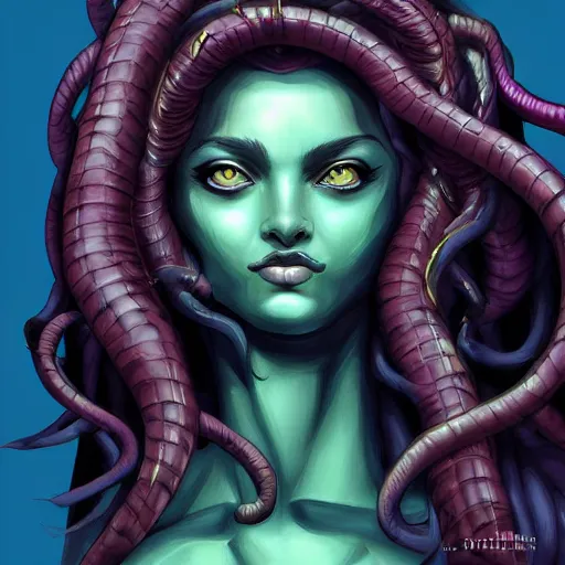 Image similar to medusa painting, comic style, seductive, dynamic lighting, artstation, detailed, blurred background