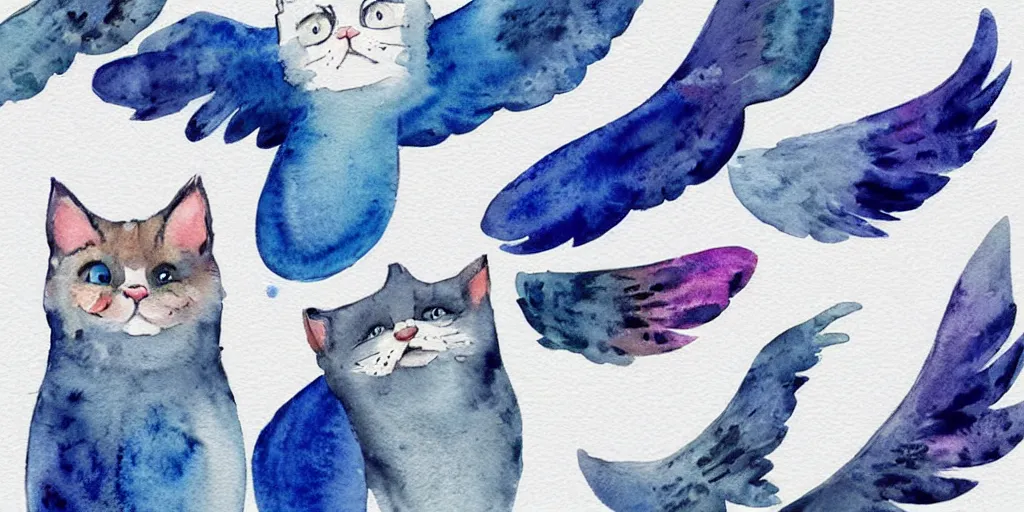 Image similar to watercolor illustration style, cute cats with blue wings, white background