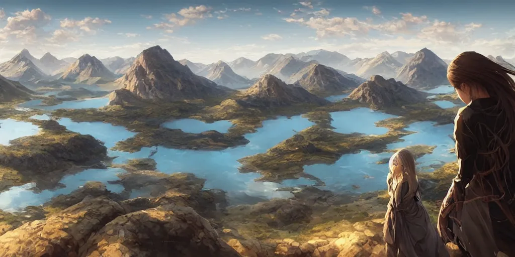 Image similar to fantasy world, in the middle is a huge lake with a little plain around it, behind it are mountains and rivers, art by artgerm and greg rutkowski, ilya kuvshinov, yoji shinkawa, intricate, elegant, sharp focus, illustration, highly detailed, concept art, matte, trending on artstation, anime, beautiful sunlight and shadows