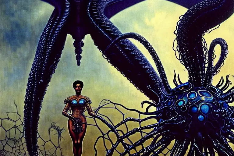 Image similar to realistic detailed portrait movie shot of a beautiful black woman riding a giant spider, dystopian city landscape background by denis villeneuve, amano, yves tanguy, alphonse mucha, max ernst, ernst haeckel, kehinde wiley, caravaggio, jean delville, david lynch, roger dean, cyber necklace, rich moody colours, sci fi patterns, dramatic, wide angle