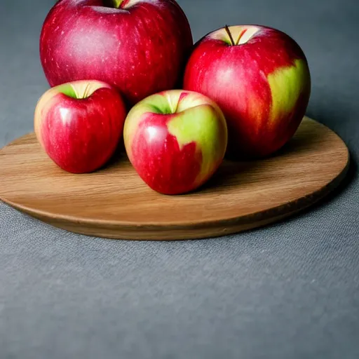 Image similar to a wide angle side view hyper realistic photo of only 3 apples on a wooden plate, food photography, highly detailed, sharp focus, award winning