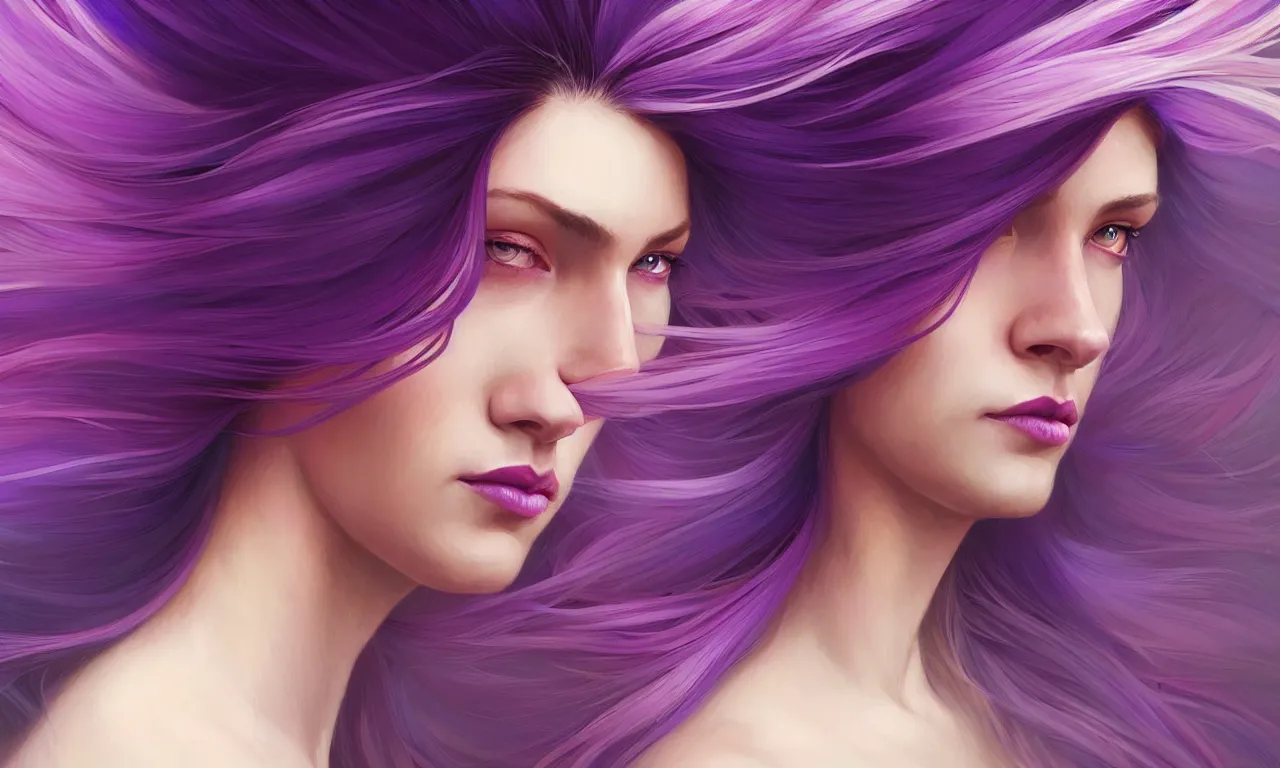 Image similar to Portrait of a woman with bright colored flying hair, all shades of purple. Hair coloring, amber eyes, face, long hair, fantasy, intricate, elegant, highly detailed, digital painting, artstation, concept art, smooth, sharp focus, illustration, art by artgerm and greg rutkowski and alphonse mucha