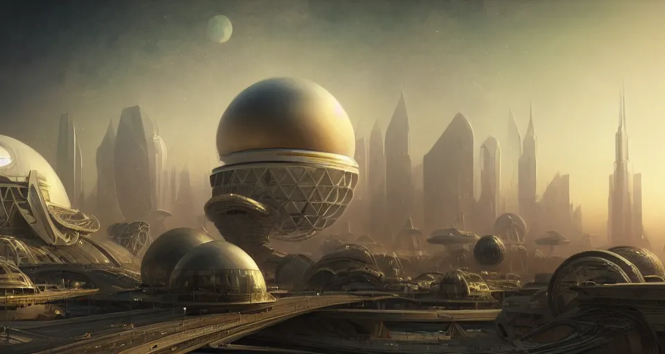 Image similar to cinematic shot, futuristic city on the moon, geodesic domes, digital painting, artstation, concept art, soft light, hdri, smooth, sharp focus, illustration, intricate, elegant, highly detailed, in the style of greg rutkowski and alphonse mucha and artemisia, 8 k, highly detailed, jurgens, rutkowski