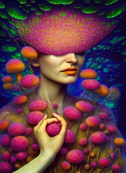 Prompt: hyper detailed 3d render like a Oil painting - Aurora (Singer) seen joyfully Eating of the Strangling network of yellowcake aerochrome and milky Fruit and Her delicate Hands hold of gossamer polyp blossoms bring iridescent fungal flowers whose spores black the foolish stars to her kawaii mouth by Jacek Yerka, Mariusz Lewandowski, Houdini algorithmic generative render, Abstract brush strokes, Masterpiece, Edward Hopper and James Gilleard, Zdzislaw Beksinski, Mark Ryden, Wolfgang Lettl, hints of Yayoi Kasuma, octane render, 8k