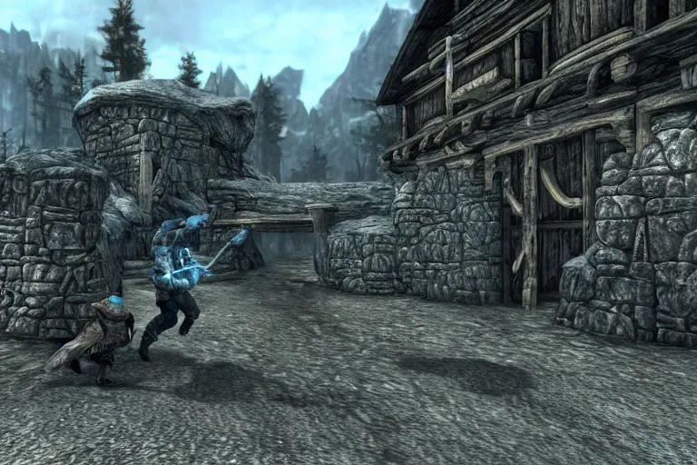 Image similar to the player fighting against a denim blue audi a 4 b 6 avant in skyrim, the elder scrolls v : skyrim gameplay footage