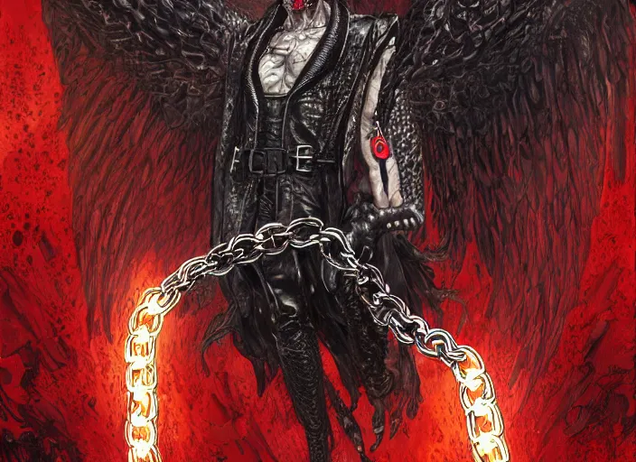 Image similar to lucifer, dark angel, hybrid human with snake, red eyes, chain, handcuffs, large chain, wide open mouth, scream, cruelty, sea bottom, light effect, highly detailed, artstation, concept art, matte, sharp focus, illustration, by dan mumford, yusuke murata, makoto shinkai, ross tran