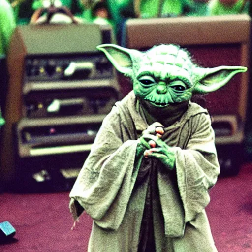 Image similar to yoda performing at woodstock