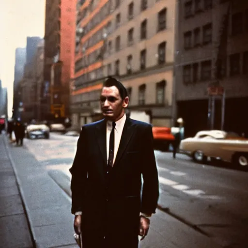 Image similar to portrait of a man in a suit in the streets of new york, 1 9 6 0 s, photo taken with ektachrome, featured on flickr, photographed on expired film