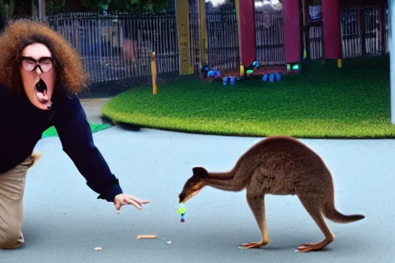 Image similar to weird al fighting a kangaroo in a playground