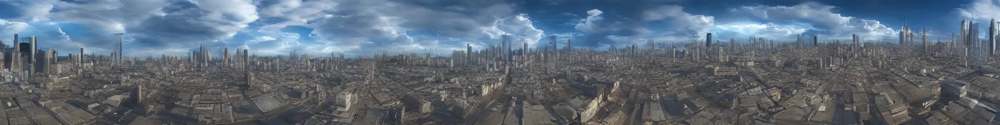 Prompt: panorama view of the cyberpunk city 360* with big cumulonimbus clouds, detailed with shadows, no sun, no ground, standing on a street, at night with light pollution