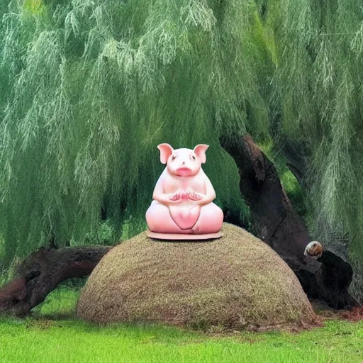 Image similar to a cute pig meditating like buddha on top of a giant mushroom, large willow tree in the background. ”