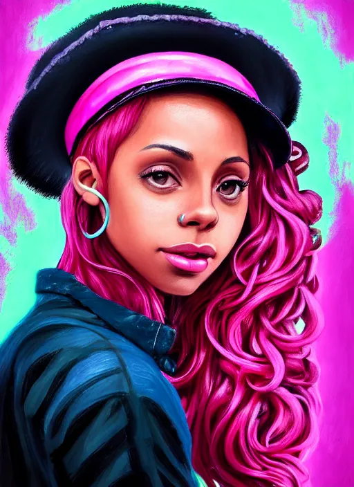 Image similar to portrait of teenage vanessa morgan with bright pink hair, black girl, vanessa morgan, curly pixie cut hair, wearing newsboy cap, newsboy cap, hoop earrings, intricate, elegant, glowing lights, highly detailed, digital painting, artstation, concept art, smooth, sharp focus, illustration, art by wlop, mars ravelo and greg rutkowski