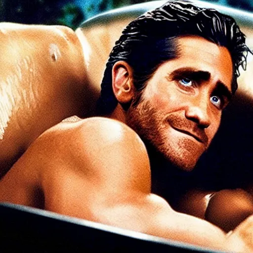 Image similar to a movie poster of Jake Gyllenhaal as patrick Swayze sitting in a hot tub in the movie Road House