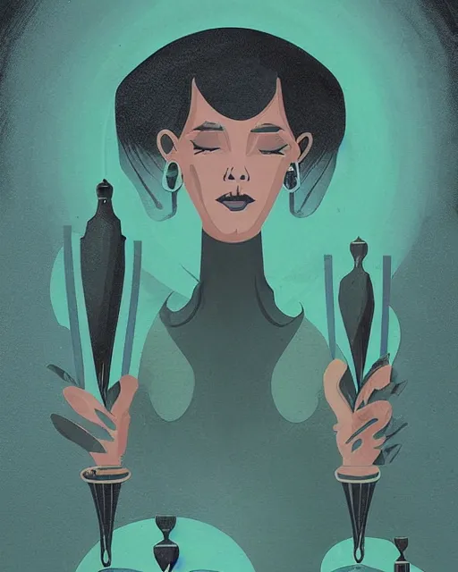 Image similar to retro dark vintage sci - fi. 2 d matte dark gouache illustration in a mystical style. a woman in a river holding two vases. symmetrical face.