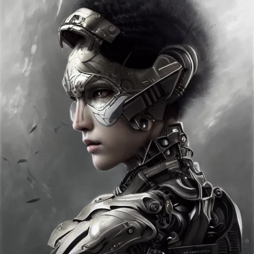 Image similar to ultra realist soft painting of a single attractive cyborg female sillicon cyborg skin armored, with thin lustrous long hair floating, photorealistic eyes render, looking at camera, curiosities carnival, symmetry accurate features, very intricate details, focus, dark fantasy background, black and white, curvy, artstyle Tom Bagshaw