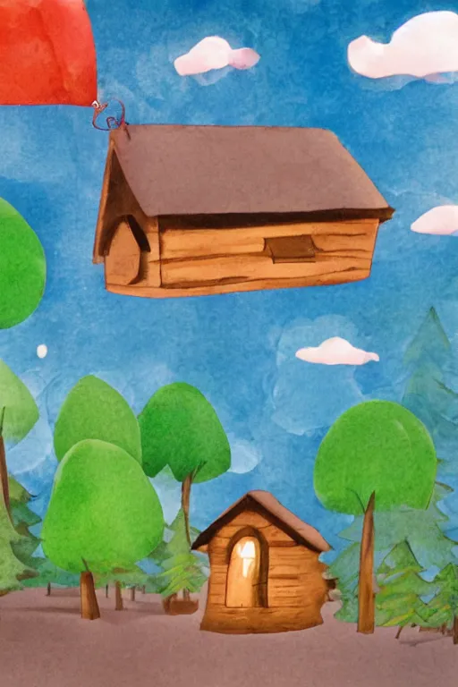 Image similar to a children's book illustration of an adventure cabin flying through the clouds