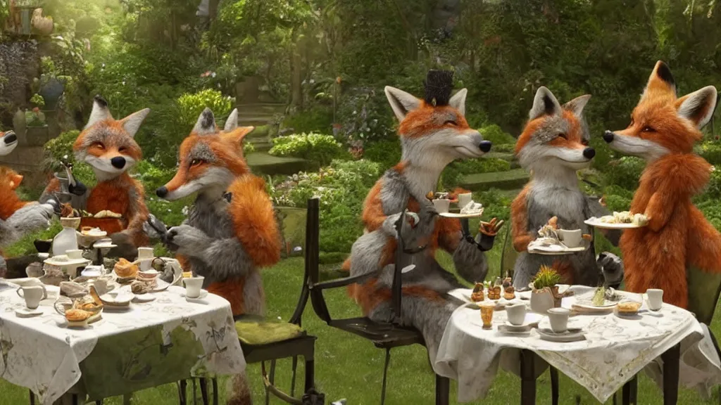 Image similar to film still from the movie chappie outdoor park plants garden scene bokeh depth of field several figures sitting down at a table having a delicious grand victorian tea party crumpets furry anthro anthropomorphic stylized fox foxes