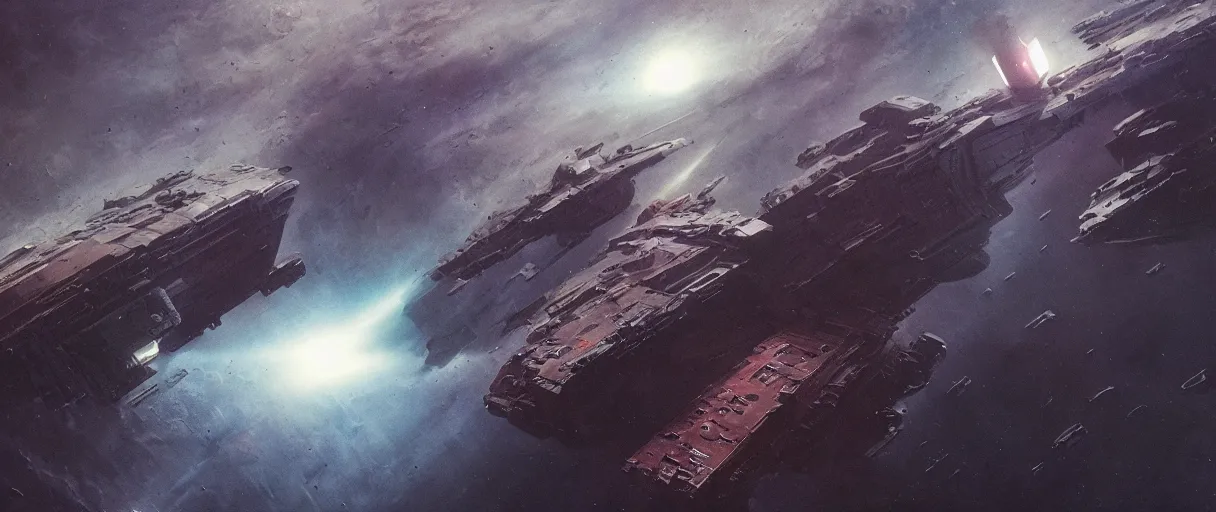 Image similar to concept art, a single spaceship, a ship drifting, deep space exploration, the expanse tv series, industrial design, dynamic angle, motion, spatial phenomena, cinematic lighting, 4k, greebles, widescreen, wide angle, beksinski, sharp and blocky shapes