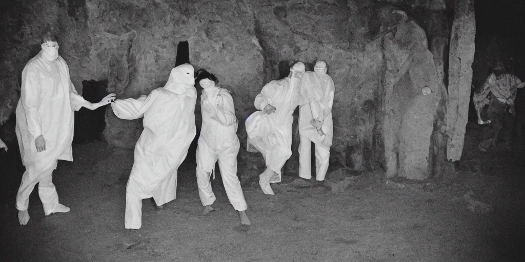 Prompt: creepy photo of people in italian doctor masks dancing around a small obsidian monolith in a barn, 70mm film, old film, found film, scary, ominous, disturbing