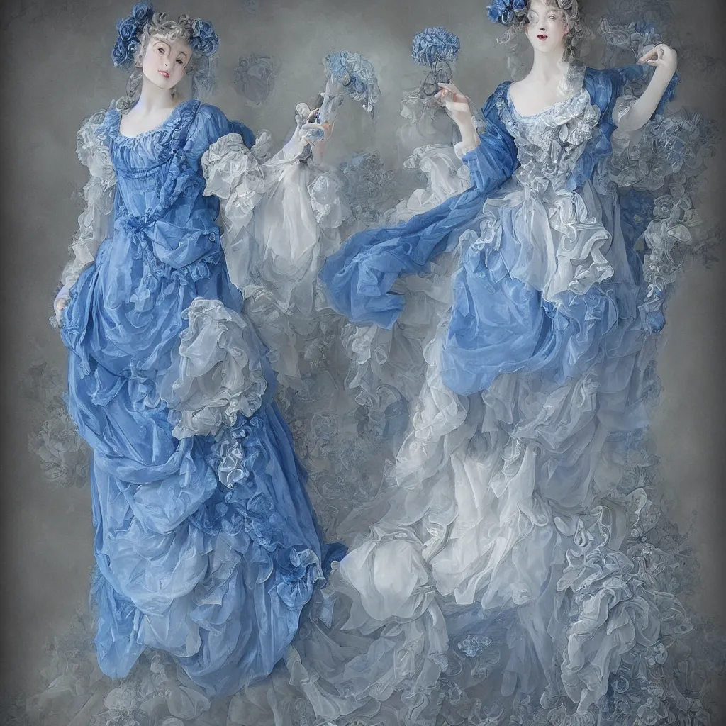 Image similar to blue dress design in the style of rococo ，Victorian era，jellyfish element，dreamy, soft ,Backlight ,luminescence，in the style of Aetherpunk,highly detailed,8k