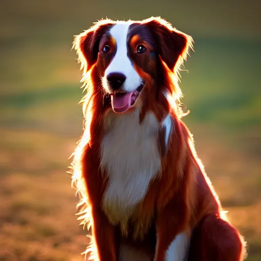 Image similar to red tri australian shepard. golden hour light photograph, hi gloss perfect lighting, 4 k, octane render, 5 0 mp cannon 8 0 mm.