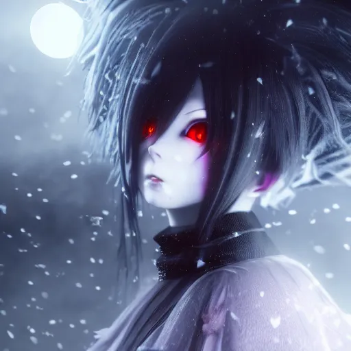 Prompt: full shot of angry darkness beautiful anime girl at moonlight, snowing, gothic wearing, inspired by Tim Burton, Amano, detailed, unreal engine 4k volumetric light, fog,