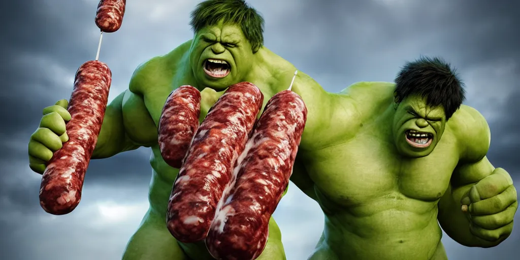 Image similar to boris johnson as the hulk eating a big sausage, focused shot, realistic, octane render