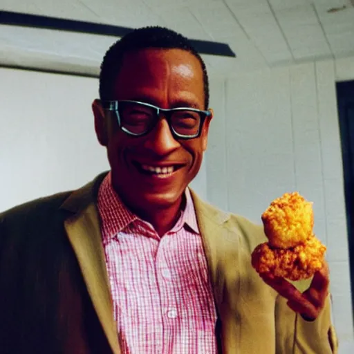 Image similar to gus fring smiling and holding a chicken nugget, security camera night footage, infrared