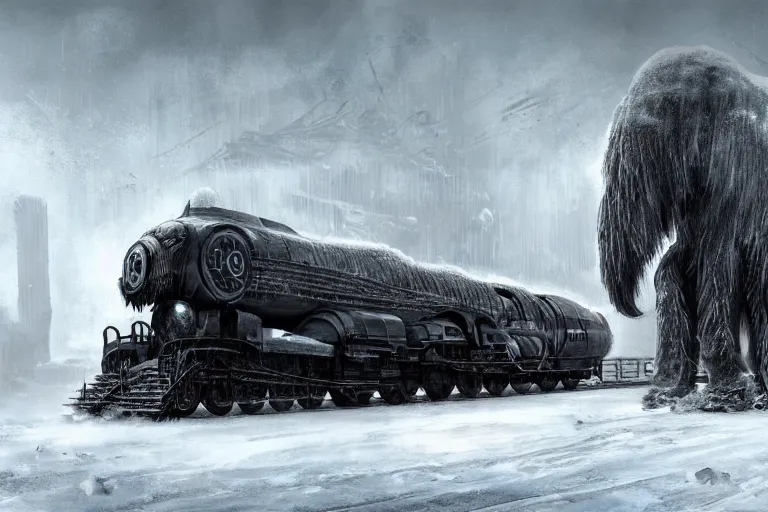 Image similar to a grand intricate futuristic black steam train next to a giant mammoth, post - apocalyptic ice landscape in snowstorm, concept art, artstation, highly detailed, digital art