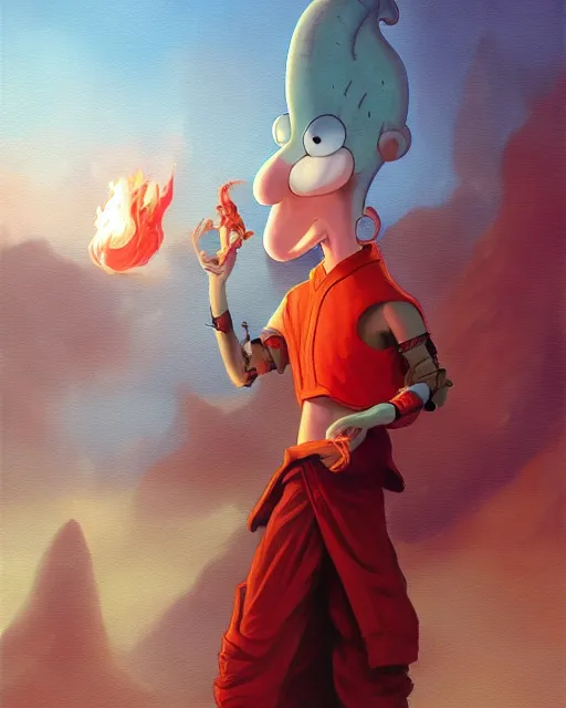 Image similar to [ squidward ] wearing fire nation clothing and practicing firebending outside at susnset, oil painting, highly [ detailed ], intricate, hd, sharp focus, photorealistic, by moebius and greg rutkowski, trending on artstation, trending on cgsociety, realistic shading and lighting