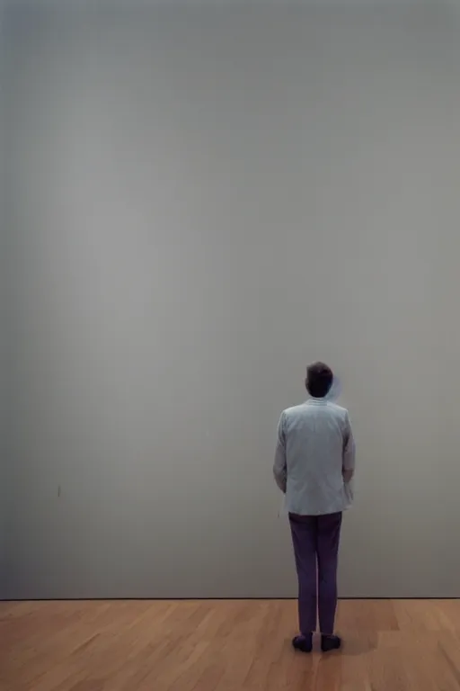 Prompt: person seen from behind standing in an empty gallery contemplating over a frame hanging at the opposite wall, photo taken with provia 1967