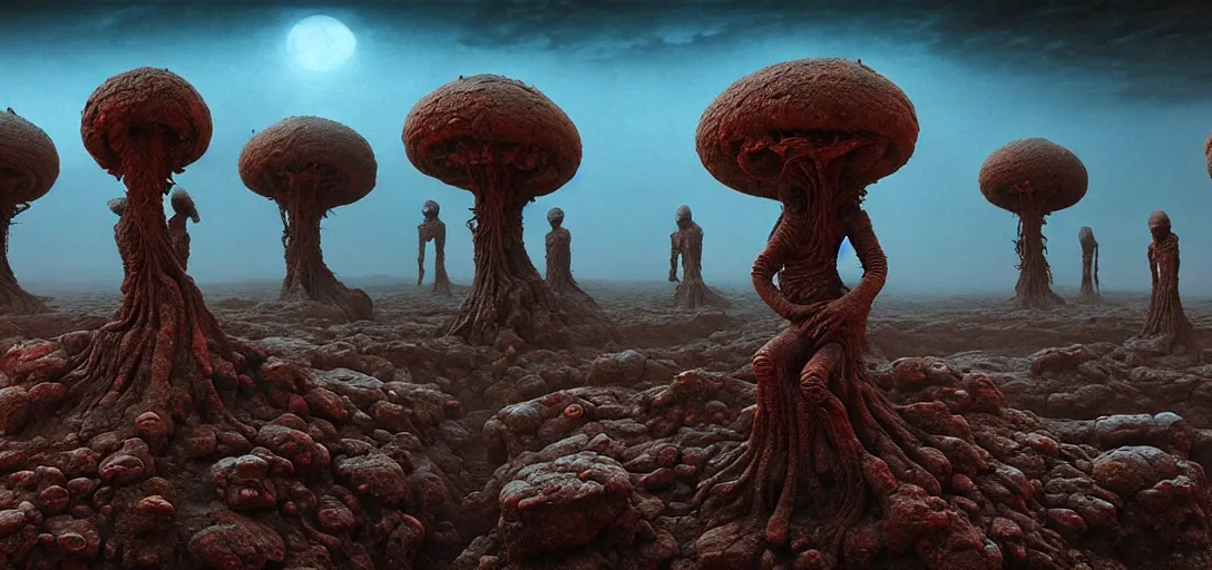 Image similar to alien landscape with eerie statues, painted by beksinski, 4 k, intricate details, unreal engine, dynamic lighting