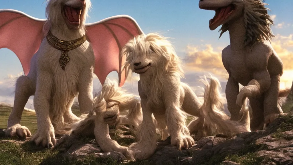Image similar to falcor the luck dragon. the neverending story movie. sunlit undertones. wolfgang peterson. 3 8 4 0. 2 1 6 0.
