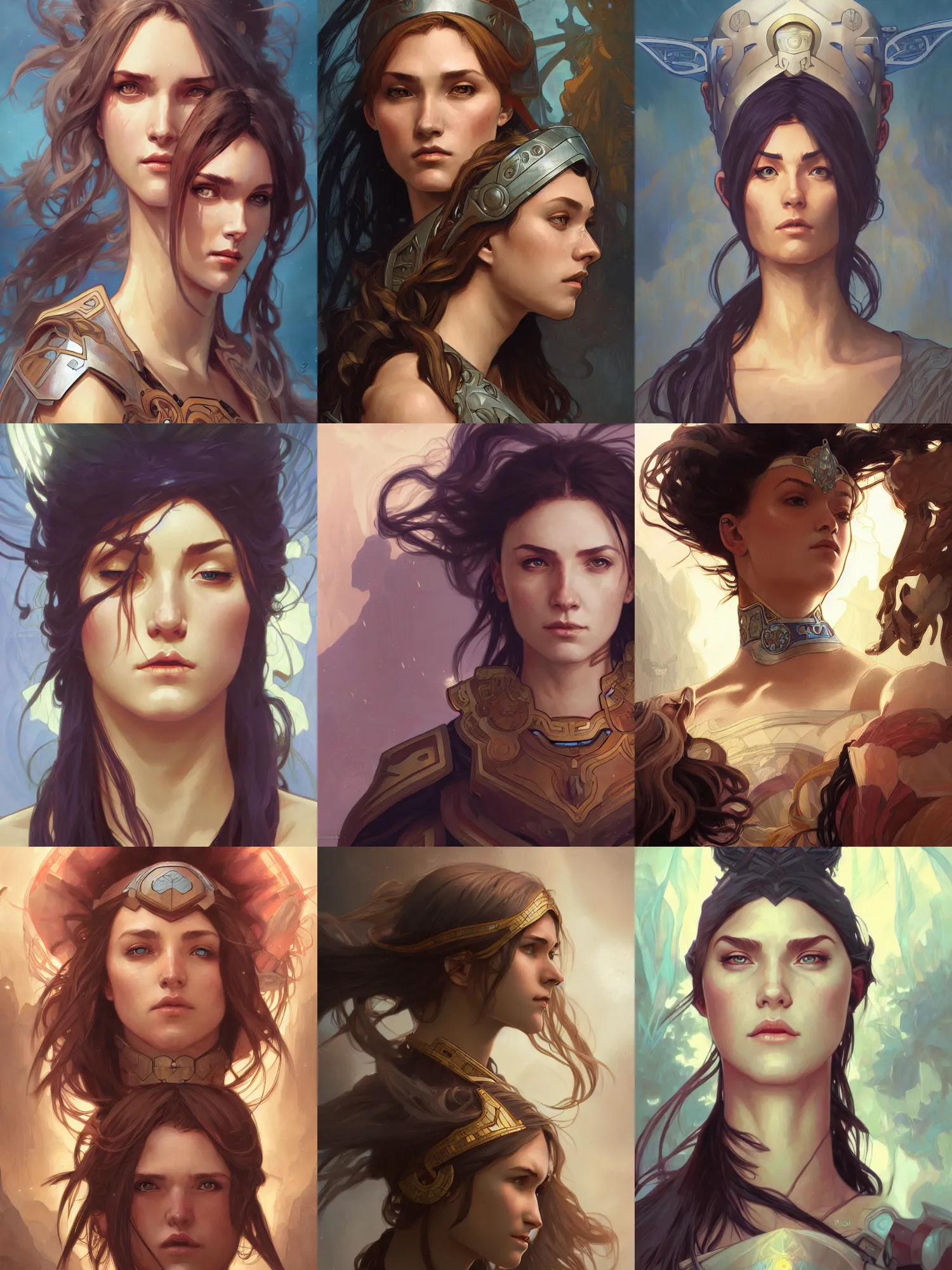 Prompt: giant female head behind a female paladin, digital painting, artgerm and greg rutkowski and alphonse mucha