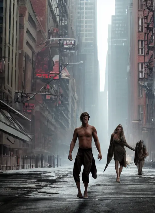 Image similar to film still, tarzan walk on the street of new york, post apocalyptic, symmetrical, 8 k, half body shot