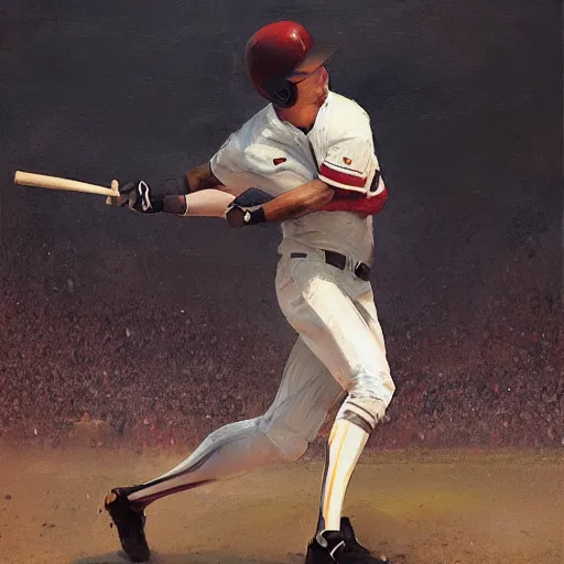 Image similar to baseball player hitting the ball with the baseball bat in the middle of the game and in front of everyone in the stadium, james gurney painting style, greg rutkowski, artstation