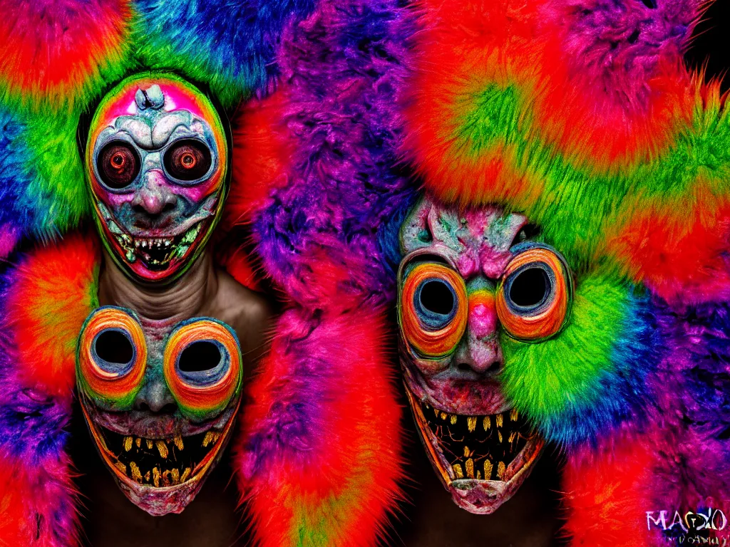 Image similar to a portrait of a beautiful colorful ( flesh - eating ) yamazaku wearing a terrifying mask and covered in rainbow fur, the ground is covered in maggots, seen from a fractal kaleidoscope, schizophrenic hallucination, fear, morbid, nightmare, supernatural, 8 k, hd photography, highly detailed, chiaroscuro, terrifying