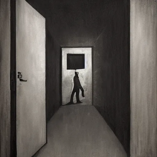 Image similar to Ted Cruz with a wide grin peaking through a door in the distance at the end of a narrow corridor, black and white, creepy lighting, scary, horror, ornate, eerie, fear, photorealistic oil painting
