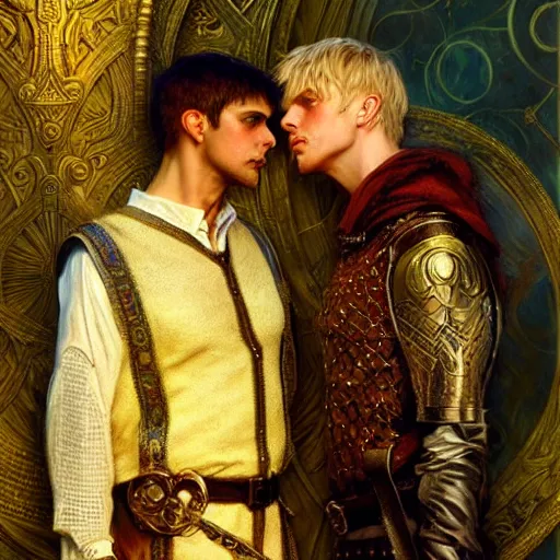 Image similar to stunning arthur pendragon in love with stunning male merlin the mage. they are close to each other. highly detailed painting by gaston bussiere, craig mullins, j. c. leyendecker