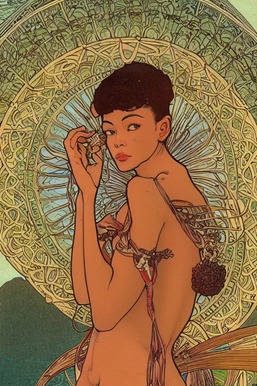 Prompt: a beautiful illustration of an african godess model girl with short hair, bikini, she's sad by mucha and moebius and geof darrow, sunset, street of hong kong, cinematic light, very detailed, depressing atmosphere, cover magazine