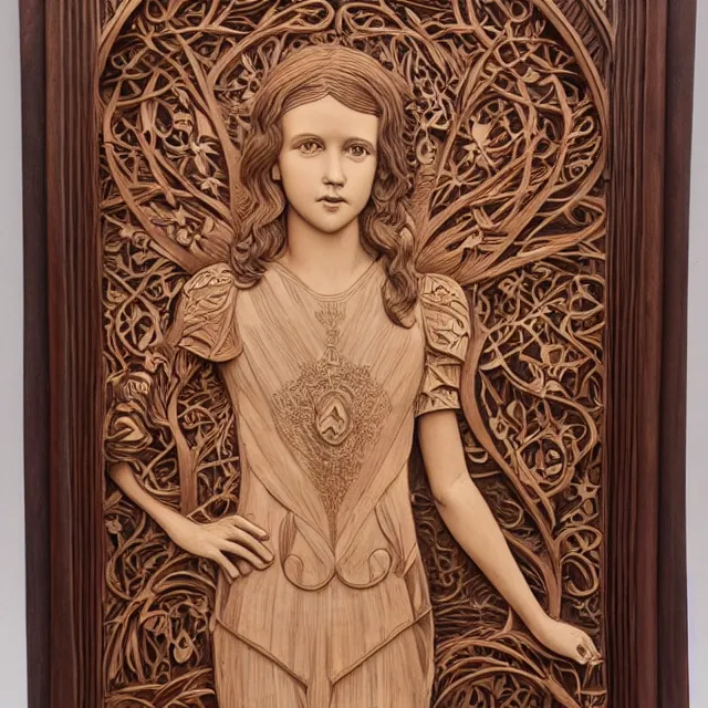 Prompt: a 3 d bas - relief wooden mahogany art nouveau carved sculpture of a young millie bobby brown or alicia vikander with long hair blowing in the wind, in front of a delicate tracery pattern, intricate and highly detailed, well - lit, ornate, realistic, polished with visible wood grain