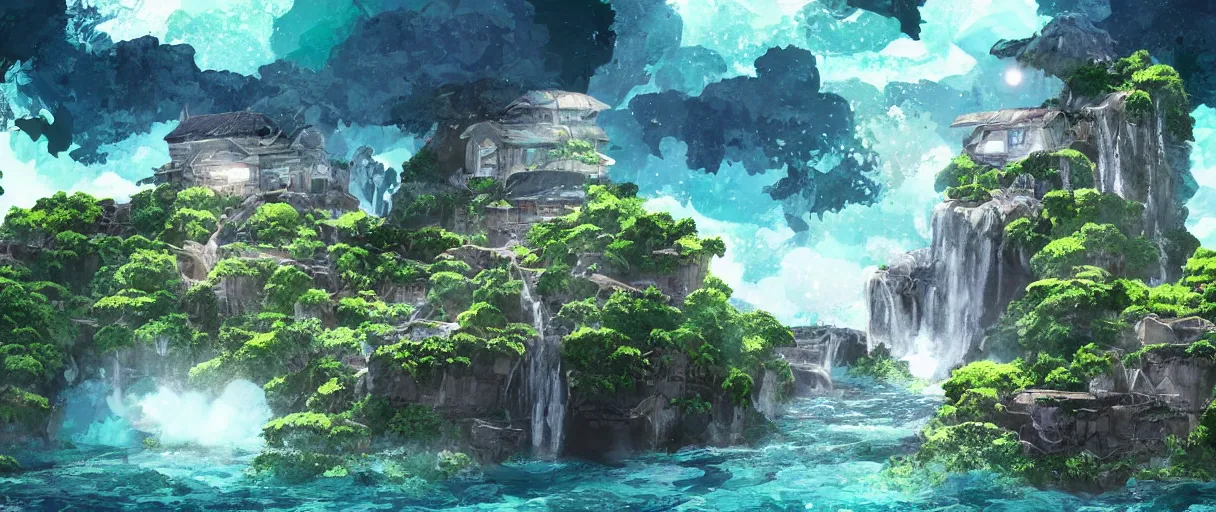 Image similar to a small crumbling island with waterfalls flowing off the island, floating in space, studio ghibli, digital art, detailed, depth of field