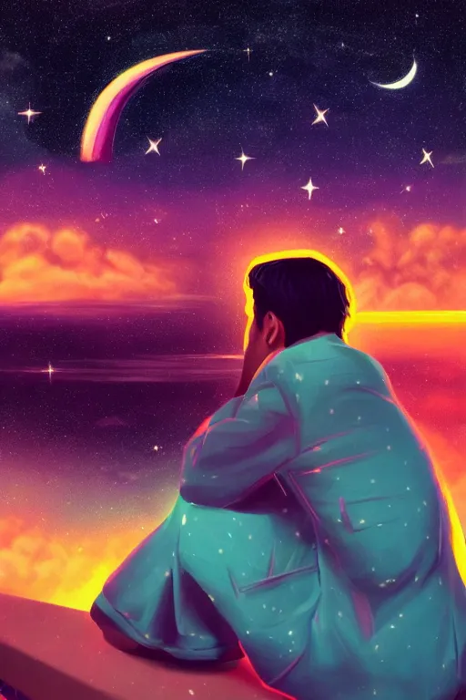 Prompt: a kid sit in the fool watching the starry sky and new moon, miracle, sideview, masterpiece epic retrowave art, trending on art station