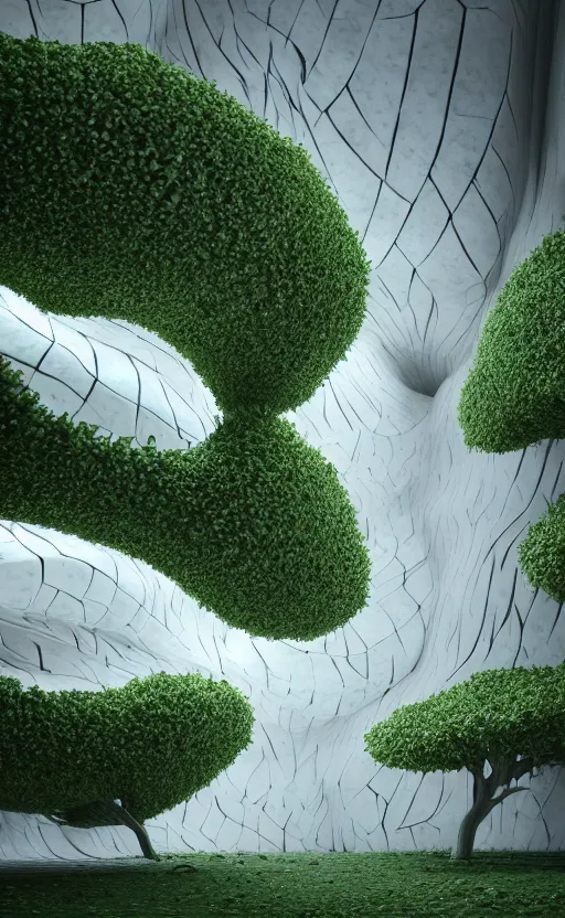 Image similar to highly detailed ultra sharp 3 d render cinematic composition of a smooth ceramic sand porcelain magnolia stone leaves fluid fractal sci - fi surreal architecture landscape, white marble, magnesium, foliage greenery, vincent callebaut composition, mamou - mani, archviz, beautiful lighting, 8 k, unreal engine, hdr, dof