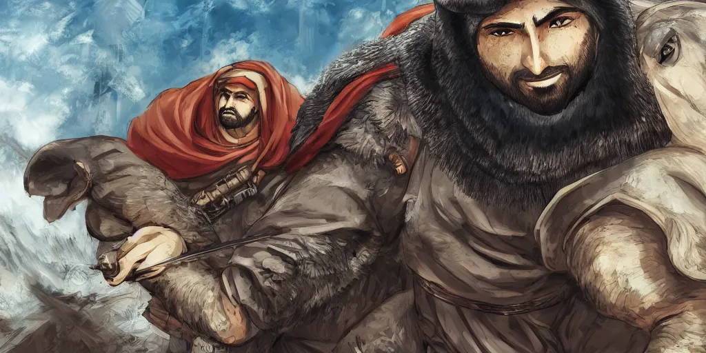 Prompt: sheikh mohammed ruler of dubai, medieval, human, village, berserk anime background, cooking a big bear, detailed features, concept art, pop art, illustration, smooth, sharp focus, intricate, 4 k