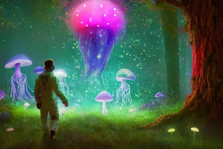 Image similar to An astronaut walking in an enchanted fantasy forest. Glowing mushrooms. Floating jellyfish. Colorful. Cinematic lighting. Photorealism.